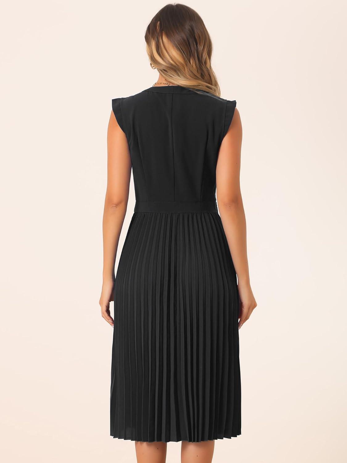 imageAllegra K Summer Dress for Womens 2024 Elegant Sleeveless V Neck ALine Pleated Flowy Midi DressBlack