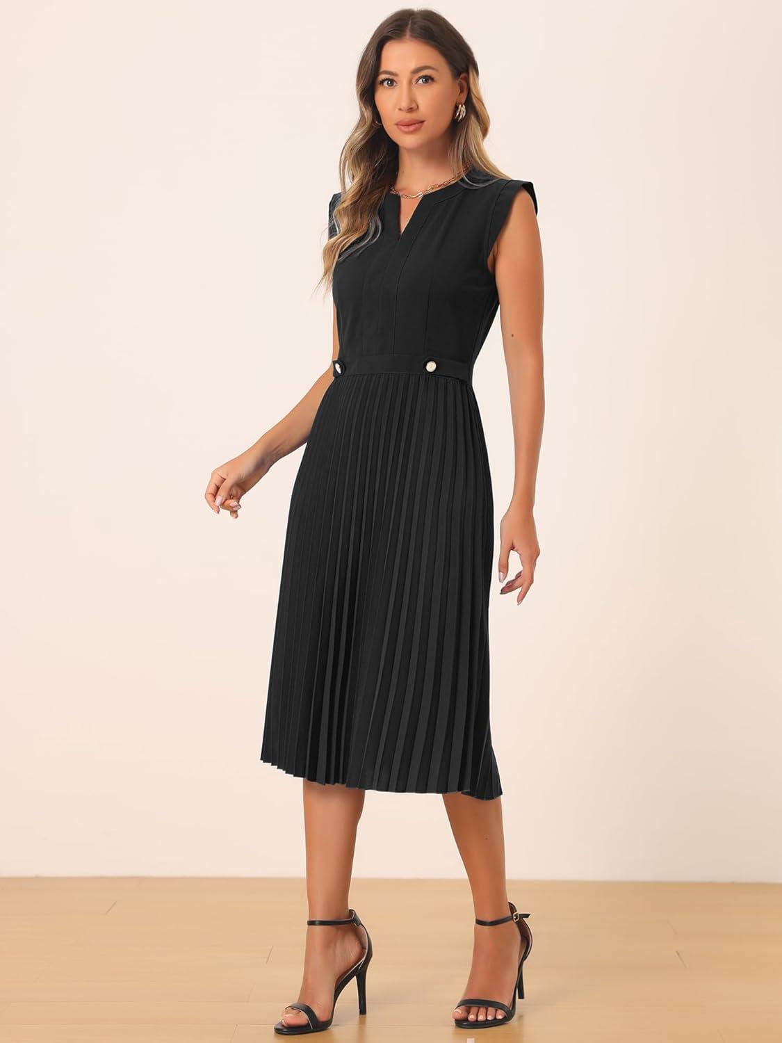 imageAllegra K Summer Dress for Womens 2024 Elegant Sleeveless V Neck ALine Pleated Flowy Midi DressBlack