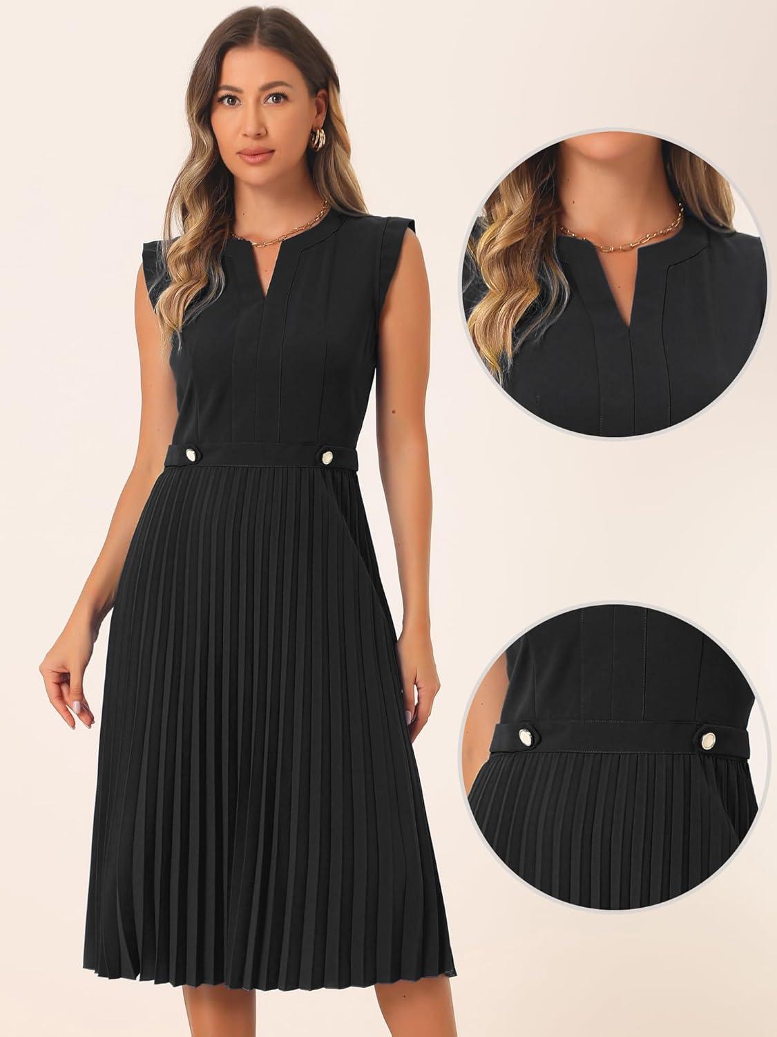 imageAllegra K Summer Dress for Womens 2024 Elegant Sleeveless V Neck ALine Pleated Flowy Midi DressBlack