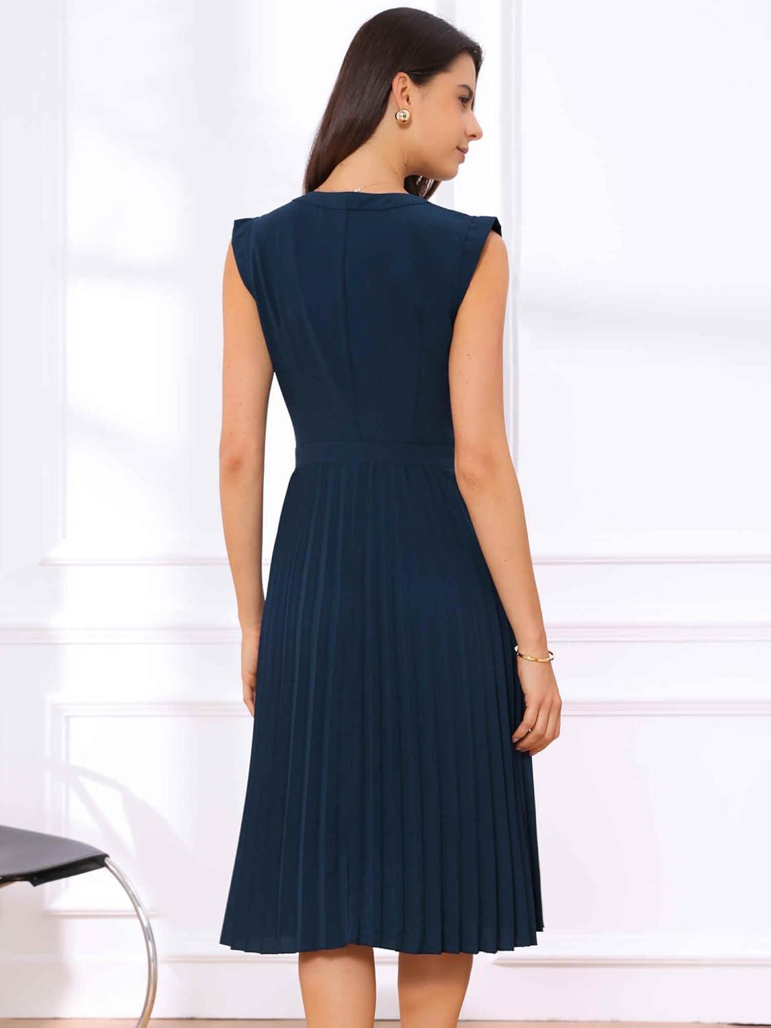 imageAllegra K Summer Dress for Womens 2024 Elegant Sleeveless V Neck ALine Pleated Flowy Midi DressDeep Blue