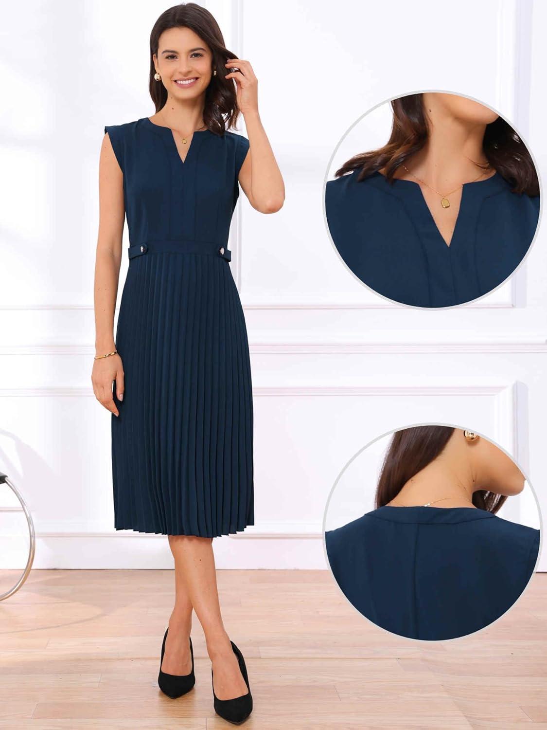 imageAllegra K Summer Dress for Womens 2024 Elegant Sleeveless V Neck ALine Pleated Flowy Midi DressDeep Blue