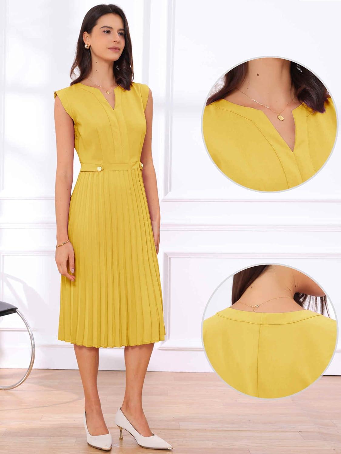 imageAllegra K Summer Dress for Womens 2024 Elegant Sleeveless V Neck ALine Pleated Flowy Midi DressGinger