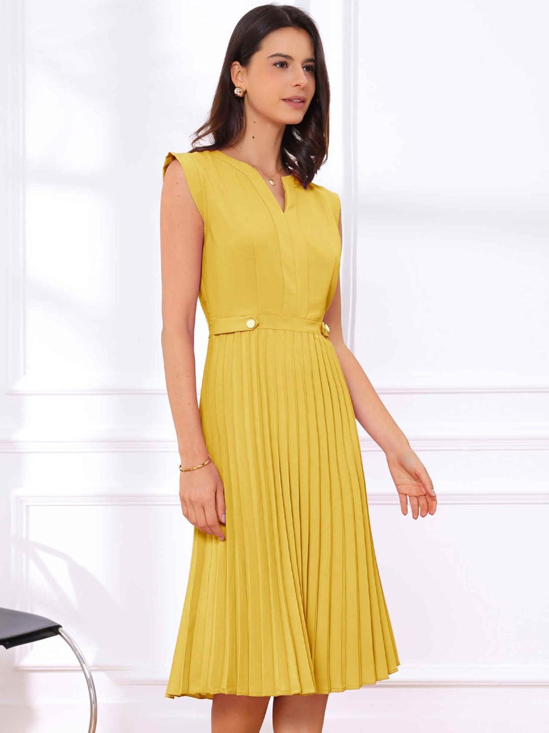 imageAllegra K Summer Dress for Womens 2024 Elegant Sleeveless V Neck ALine Pleated Flowy Midi DressGinger