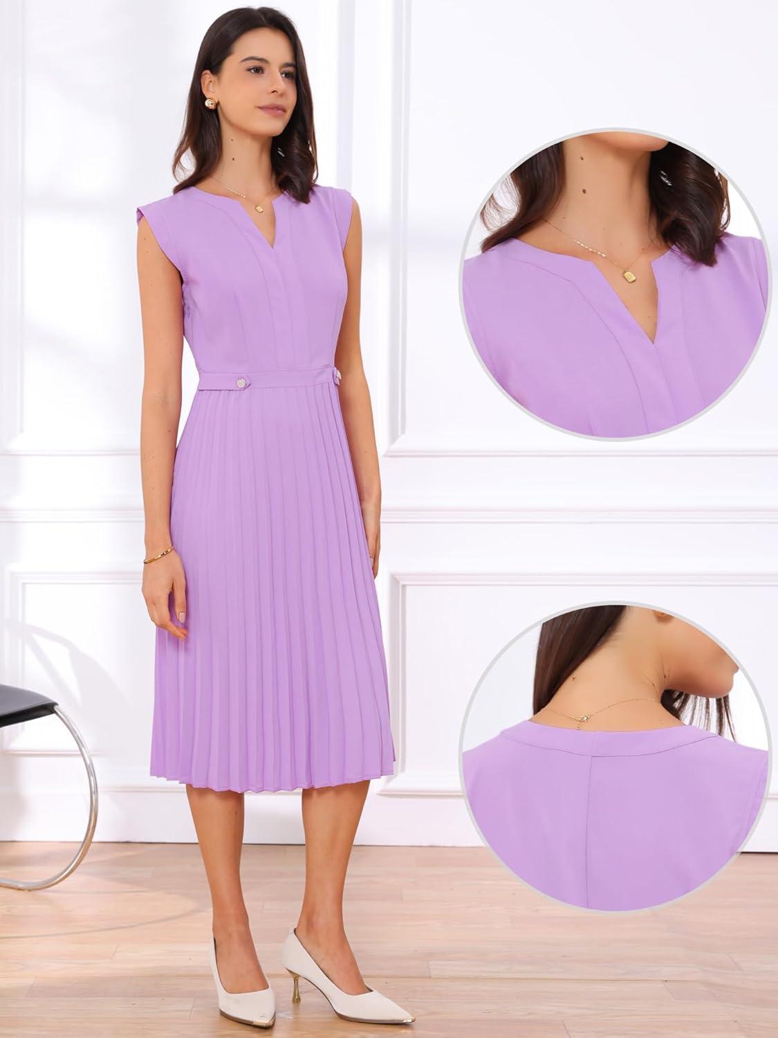 imageAllegra K Summer Dress for Womens 2024 Elegant Sleeveless V Neck ALine Pleated Flowy Midi DressPurple