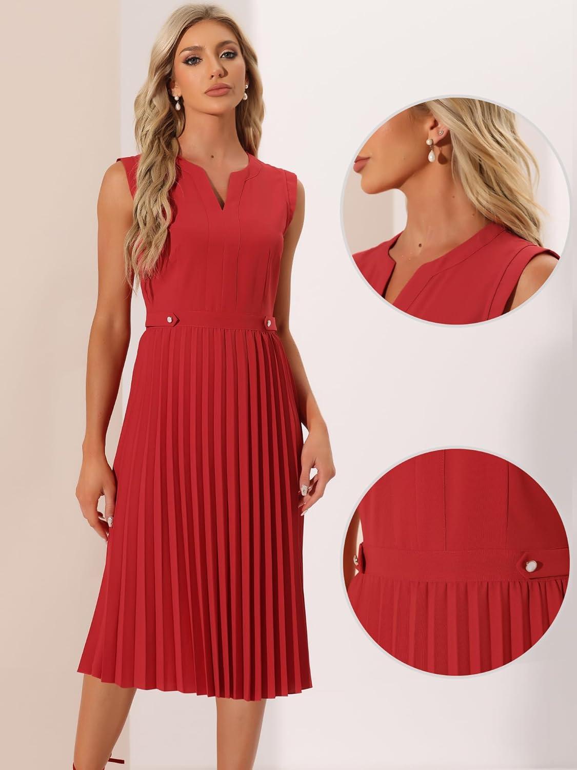 imageAllegra K Summer Dress for Womens 2024 Elegant Sleeveless V Neck ALine Pleated Flowy Midi DressRed