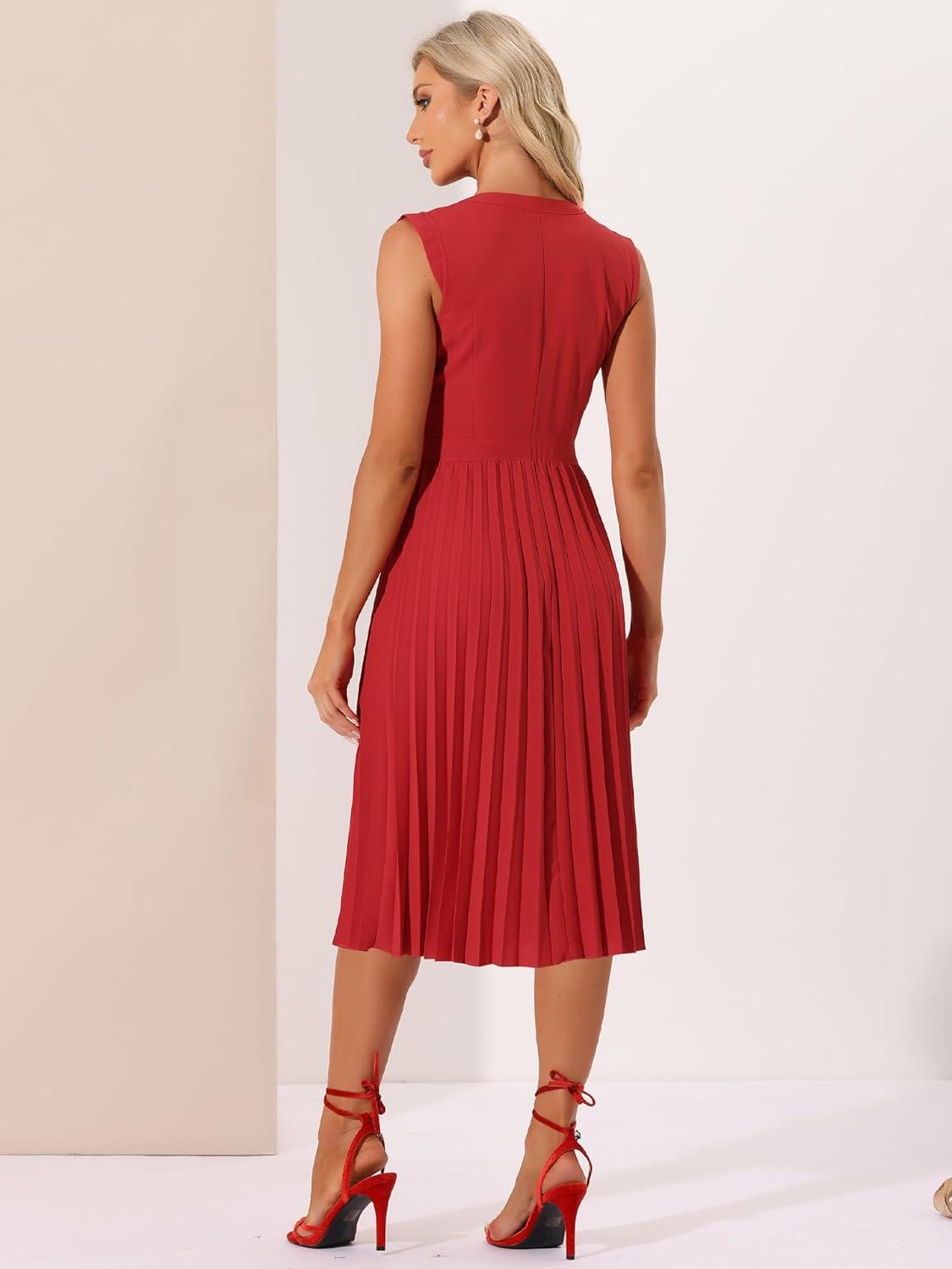 imageAllegra K Summer Dress for Womens 2024 Elegant Sleeveless V Neck ALine Pleated Flowy Midi DressRed