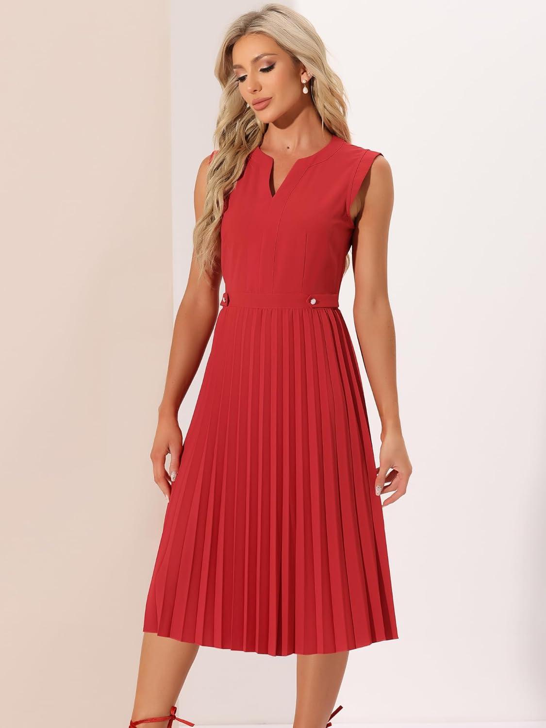 imageAllegra K Summer Dress for Womens 2024 Elegant Sleeveless V Neck ALine Pleated Flowy Midi DressRed
