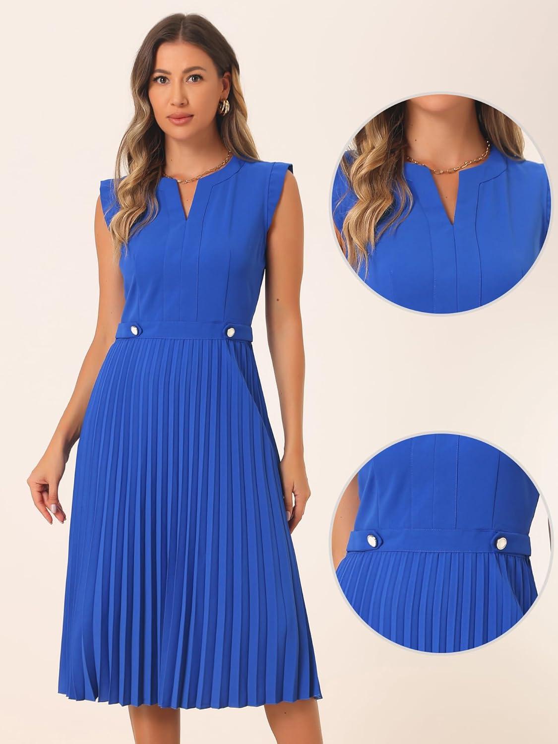 imageAllegra K Summer Dress for Womens 2024 Elegant Sleeveless V Neck ALine Pleated Flowy Midi DressRoyal Blue