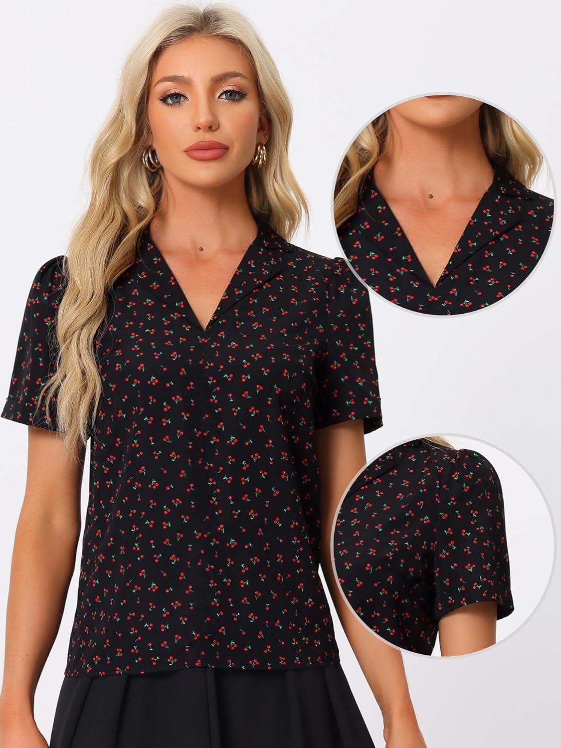 imageAllegra K V Neck Tops for Womens Elegant Casual Cherry Print Notch Lapel Summer Short Sleeve BlouseBlack