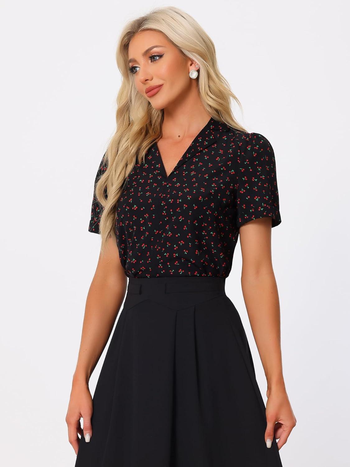 imageAllegra K V Neck Tops for Womens Elegant Casual Cherry Print Notch Lapel Summer Short Sleeve BlouseBlack