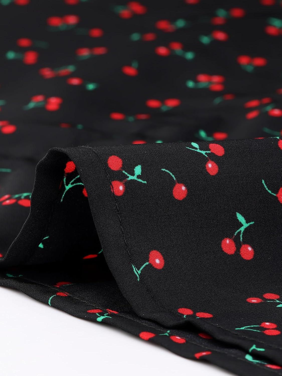 imageAllegra K V Neck Tops for Womens Elegant Casual Cherry Print Notch Lapel Summer Short Sleeve BlouseBlack