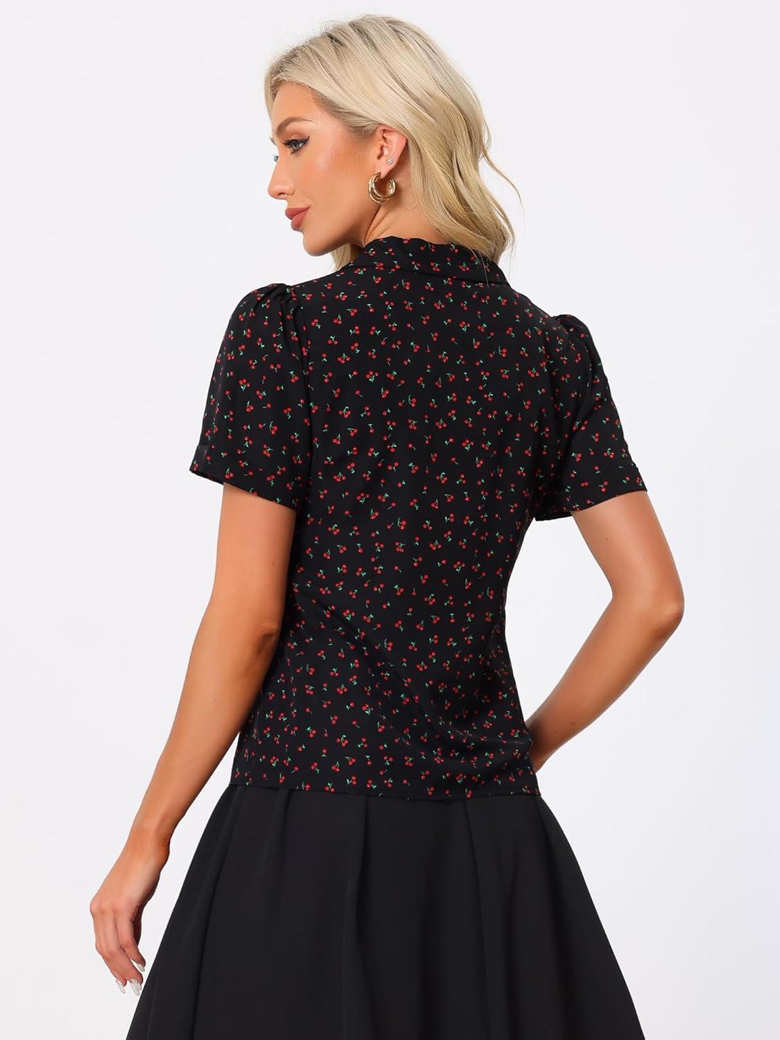 imageAllegra K V Neck Tops for Womens Elegant Casual Cherry Print Notch Lapel Summer Short Sleeve BlouseBlack