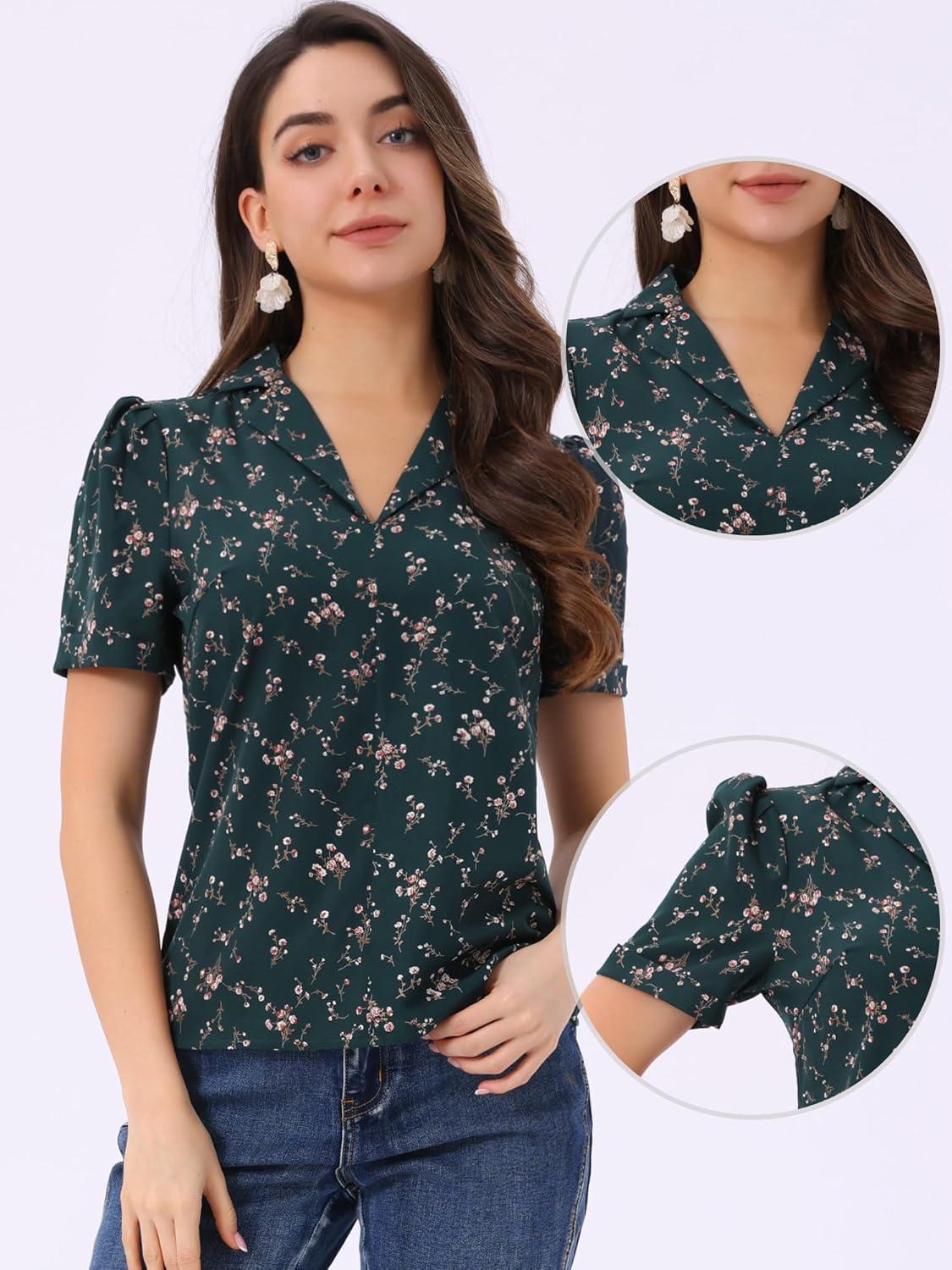 imageAllegra K V Neck Tops for Womens Elegant Casual Cherry Print Notch Lapel Summer Short Sleeve BlouseDark Green