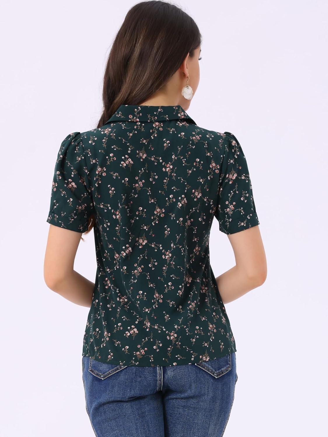 imageAllegra K V Neck Tops for Womens Elegant Casual Cherry Print Notch Lapel Summer Short Sleeve BlouseDark Green