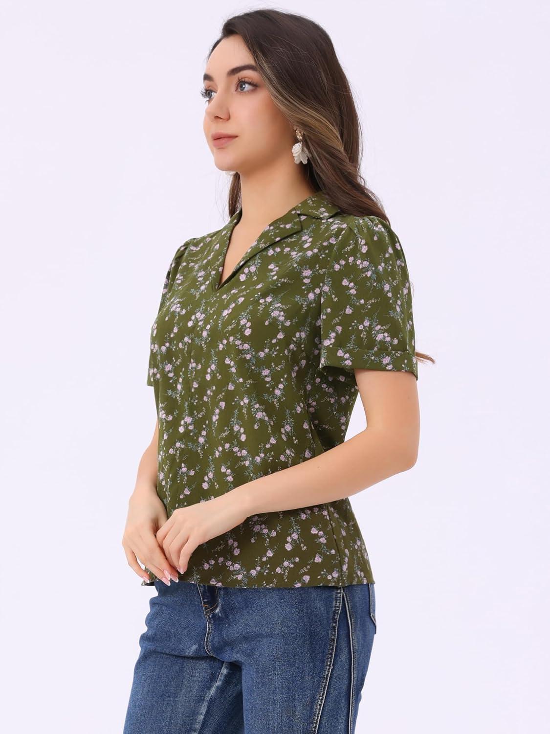 imageAllegra K V Neck Tops for Womens Elegant Casual Cherry Print Notch Lapel Summer Short Sleeve BlouseOlive Green