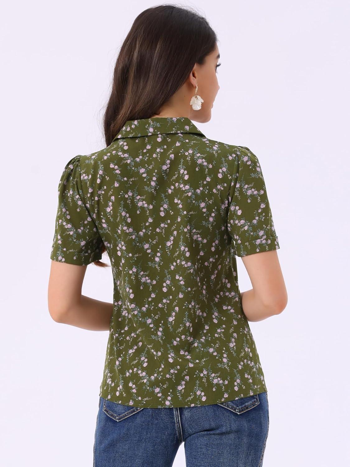 imageAllegra K V Neck Tops for Womens Elegant Casual Cherry Print Notch Lapel Summer Short Sleeve BlouseOlive Green