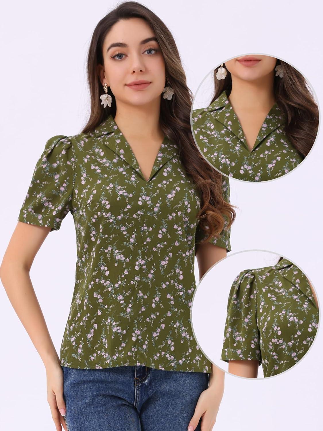 imageAllegra K V Neck Tops for Womens Elegant Casual Cherry Print Notch Lapel Summer Short Sleeve BlouseOlive Green