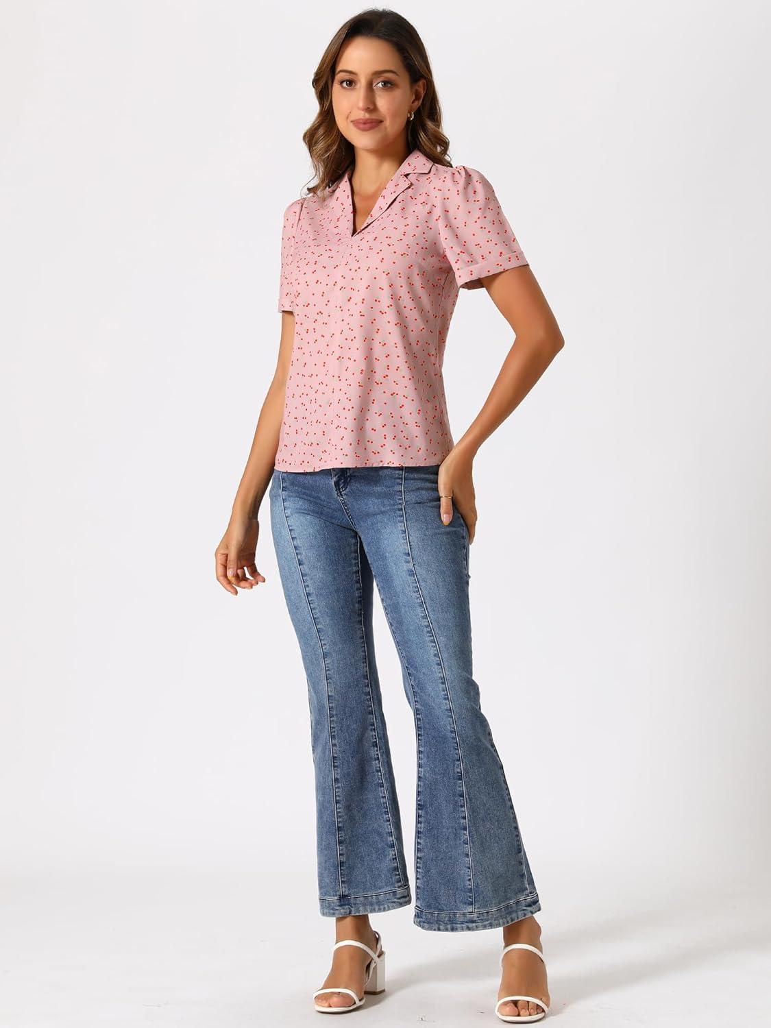 imageAllegra K V Neck Tops for Womens Elegant Casual Cherry Print Notch Lapel Summer Short Sleeve BlousePink