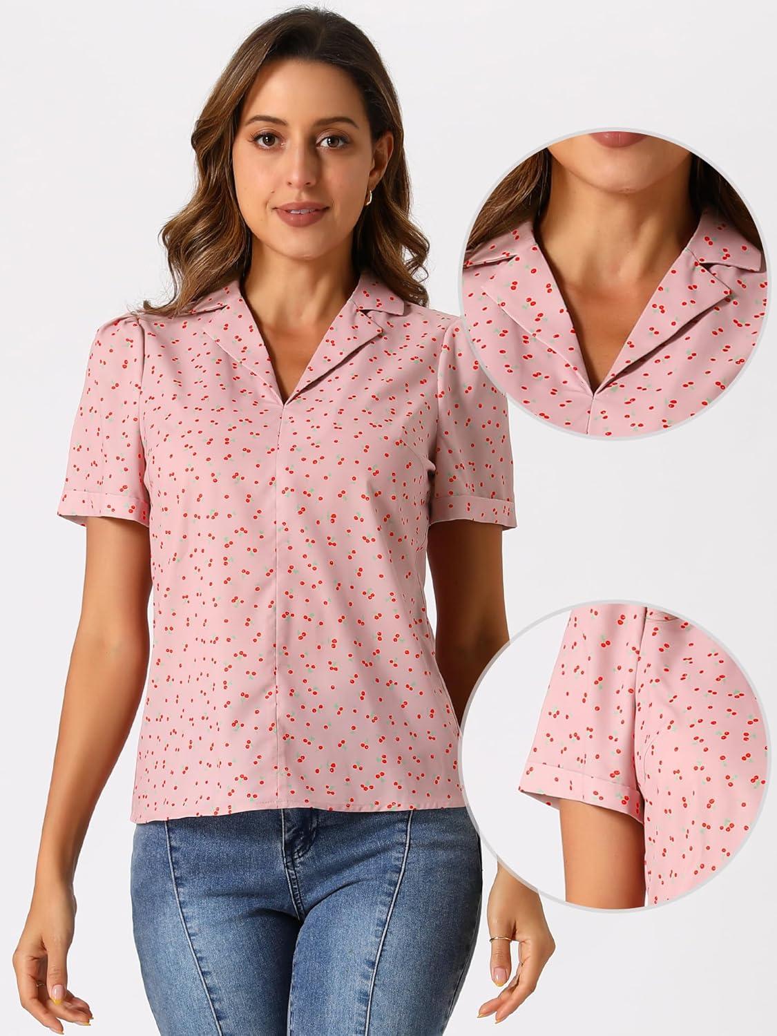 imageAllegra K V Neck Tops for Womens Elegant Casual Cherry Print Notch Lapel Summer Short Sleeve BlousePink