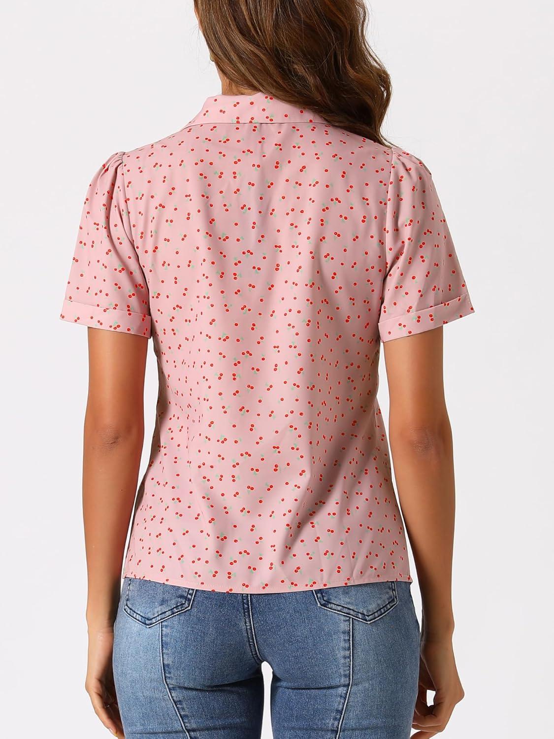 imageAllegra K V Neck Tops for Womens Elegant Casual Cherry Print Notch Lapel Summer Short Sleeve BlousePink