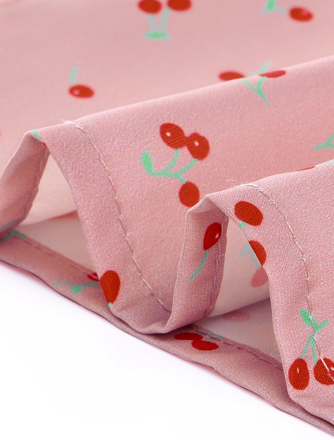 imageAllegra K V Neck Tops for Womens Elegant Casual Cherry Print Notch Lapel Summer Short Sleeve BlousePink