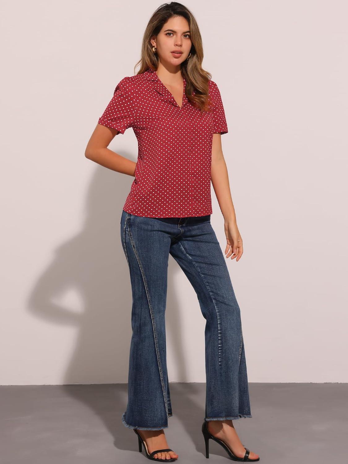 imageAllegra K V Neck Tops for Womens Elegant Casual Cherry Print Notch Lapel Summer Short Sleeve BlouseRed