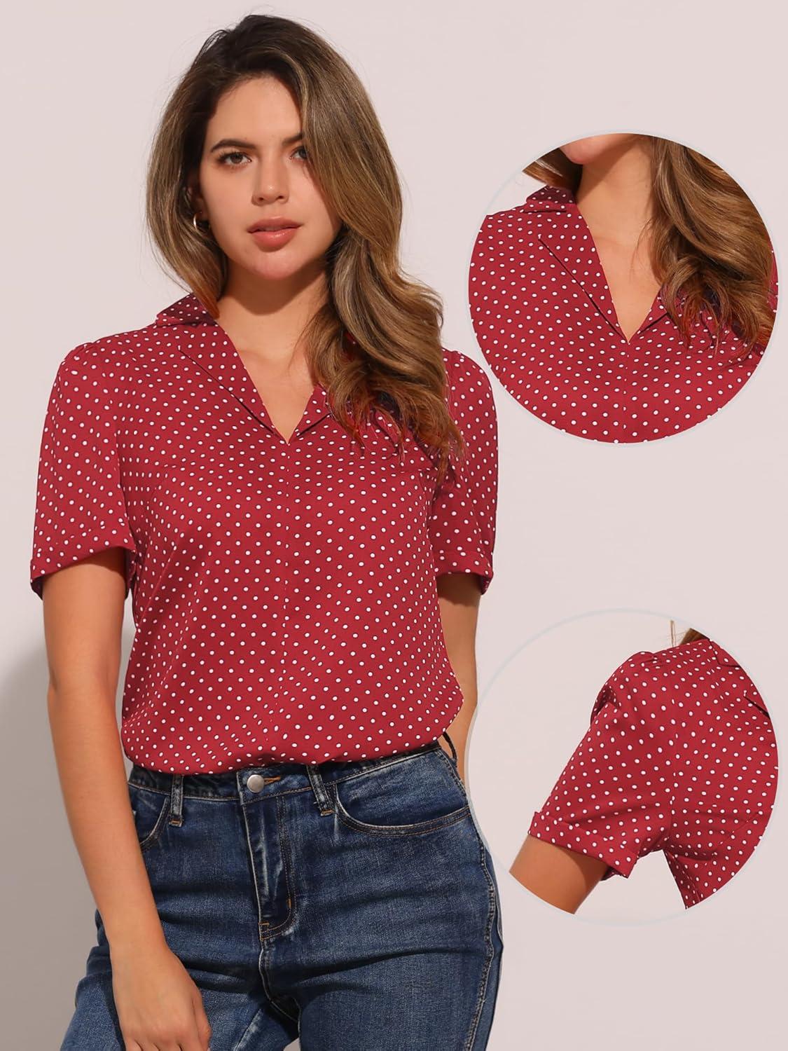 imageAllegra K V Neck Tops for Womens Elegant Casual Cherry Print Notch Lapel Summer Short Sleeve BlouseRed