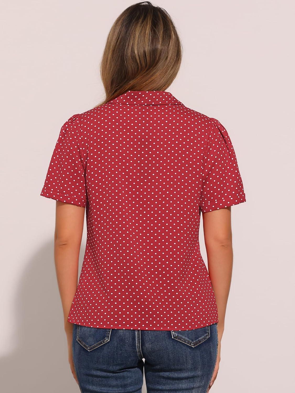 imageAllegra K V Neck Tops for Womens Elegant Casual Cherry Print Notch Lapel Summer Short Sleeve BlouseRed