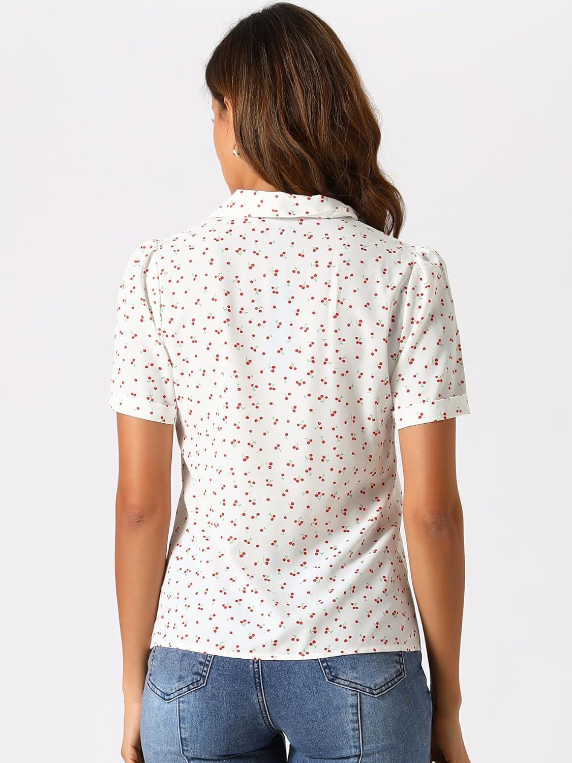 imageAllegra K V Neck Tops for Womens Elegant Casual Cherry Print Notch Lapel Summer Short Sleeve BlouseWhite
