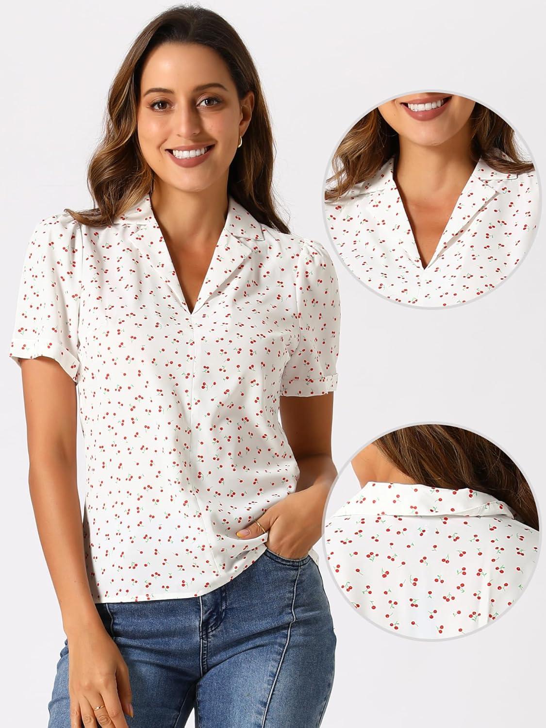 imageAllegra K V Neck Tops for Womens Elegant Casual Cherry Print Notch Lapel Summer Short Sleeve BlouseWhite