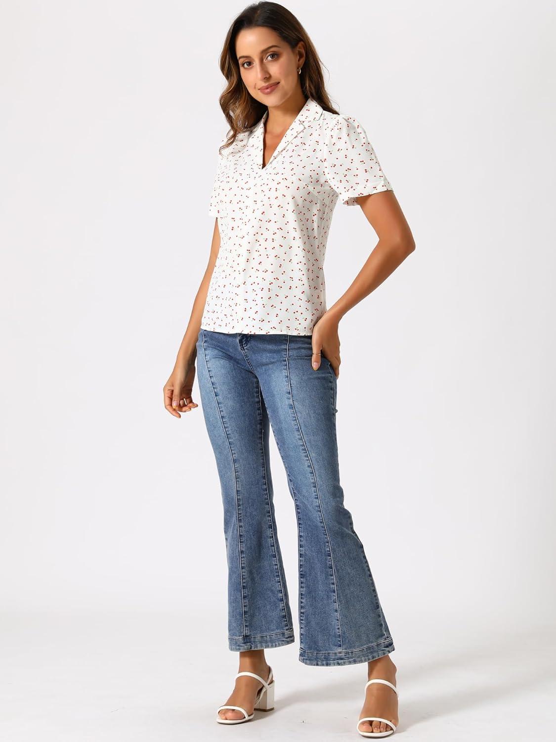 imageAllegra K V Neck Tops for Womens Elegant Casual Cherry Print Notch Lapel Summer Short Sleeve BlouseWhite