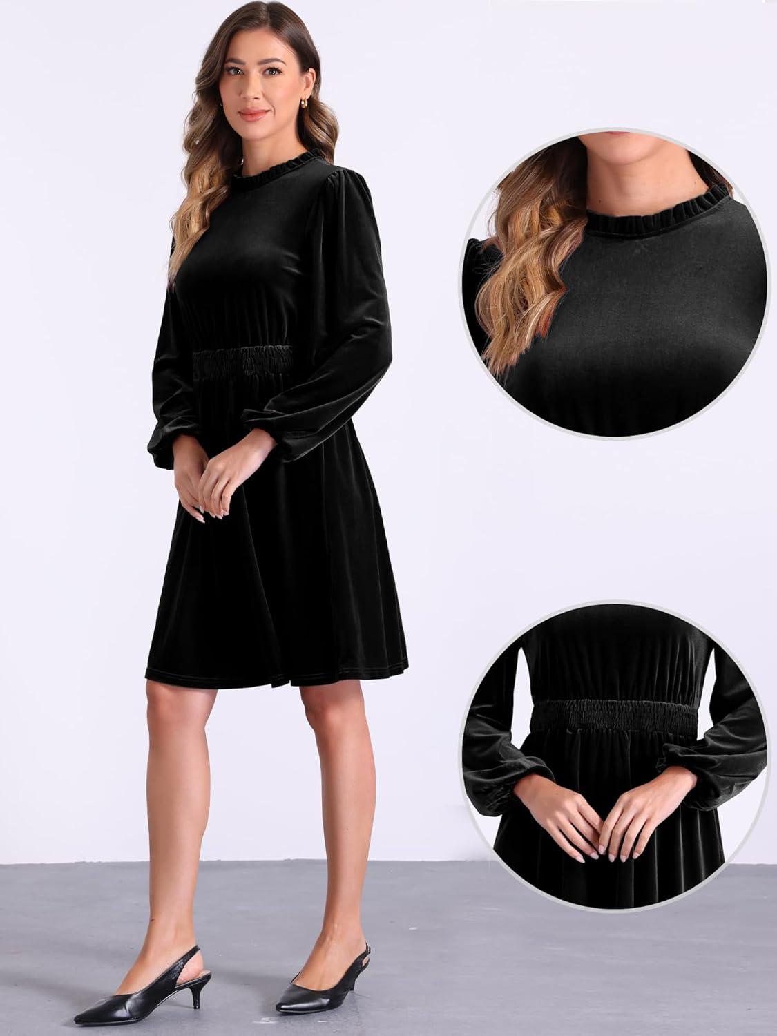 imageAllegra K Velvet Dresses for Womens Smocked Waistline Long Sleeve Wedding Guest DressBlack