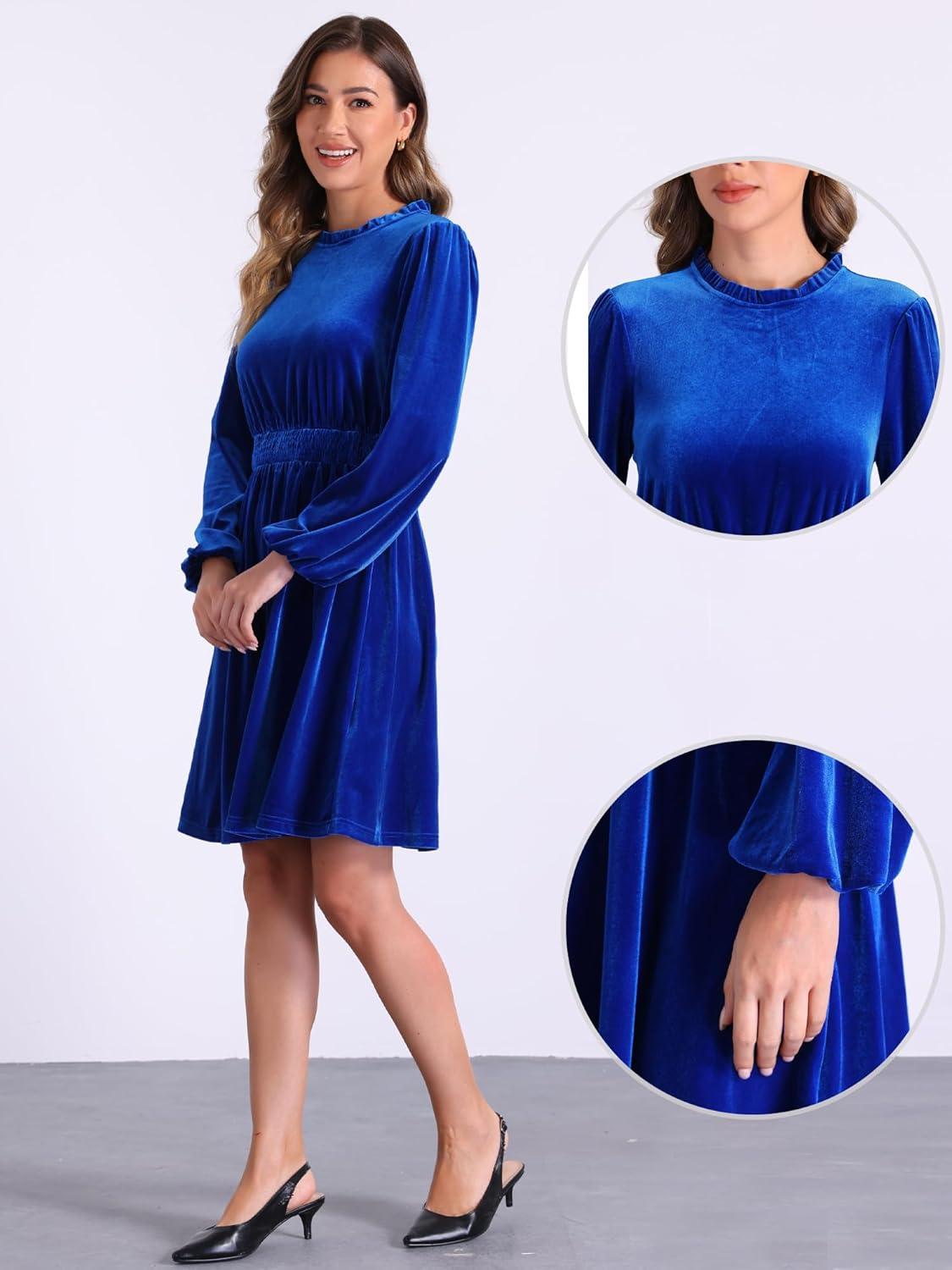 imageAllegra K Velvet Dresses for Womens Smocked Waistline Long Sleeve Wedding Guest DressBlue