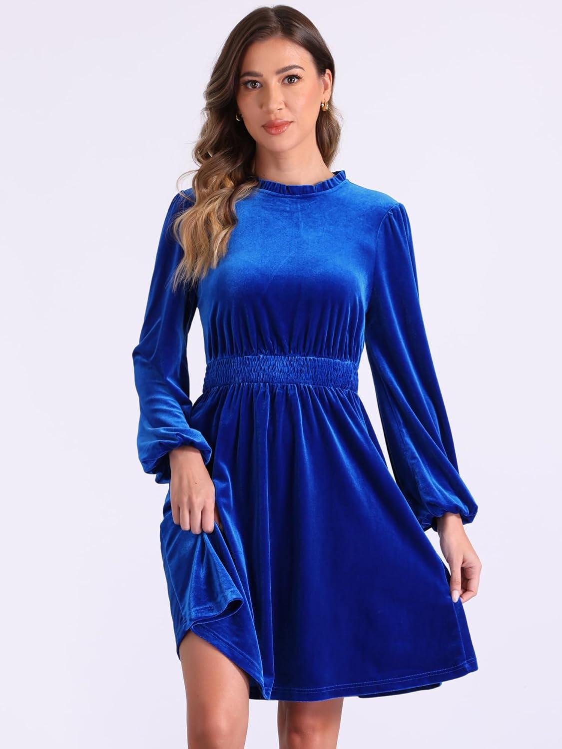 imageAllegra K Velvet Dresses for Womens Smocked Waistline Long Sleeve Wedding Guest DressBlue