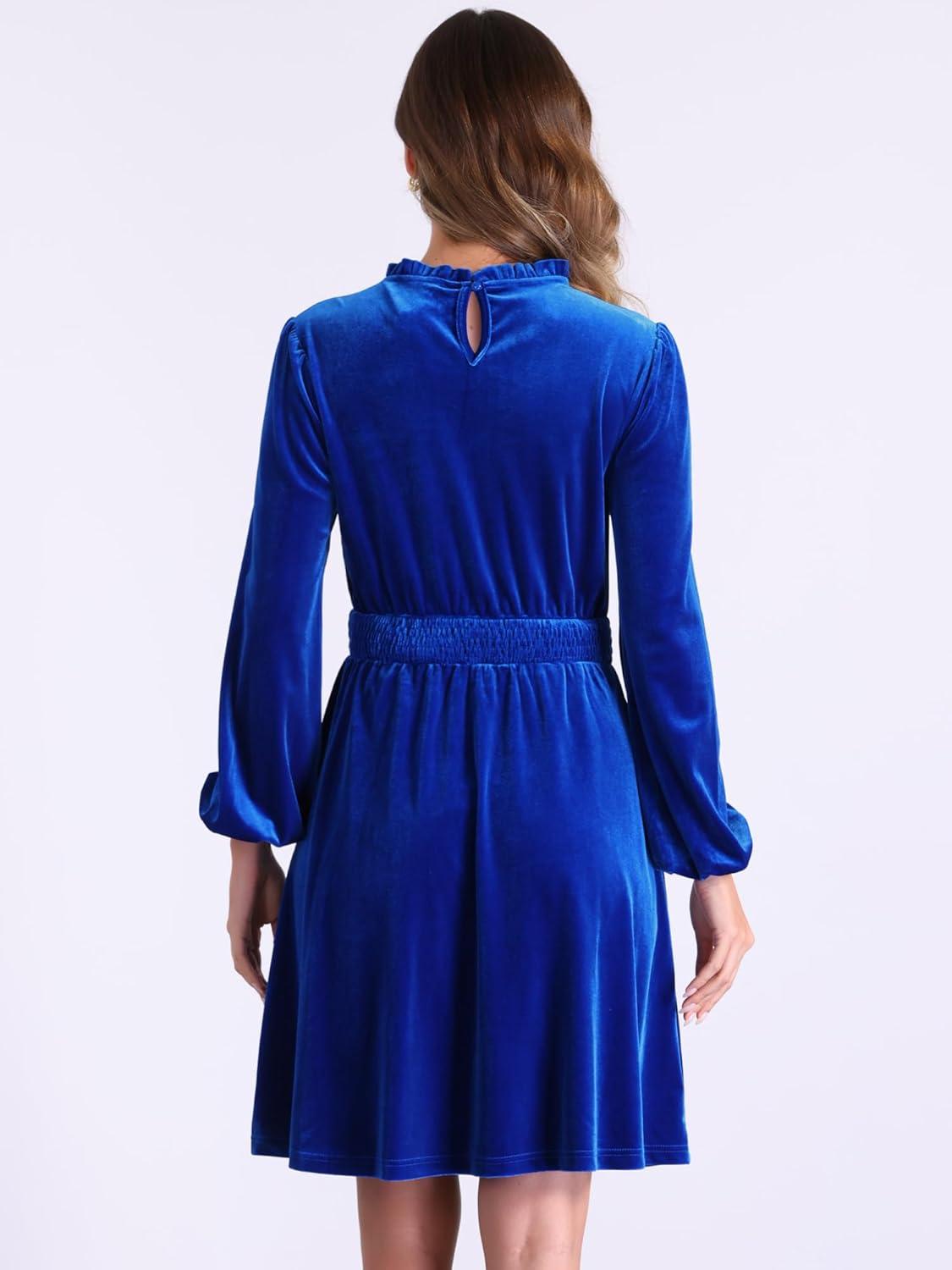 imageAllegra K Velvet Dresses for Womens Smocked Waistline Long Sleeve Wedding Guest DressBlue