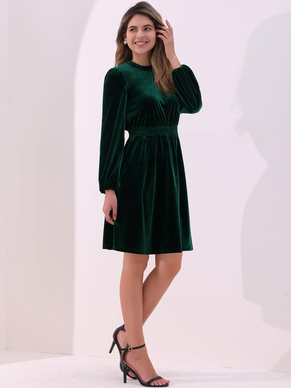 imageAllegra K Velvet Dresses for Womens Smocked Waistline Long Sleeve Wedding Guest DressGreen
