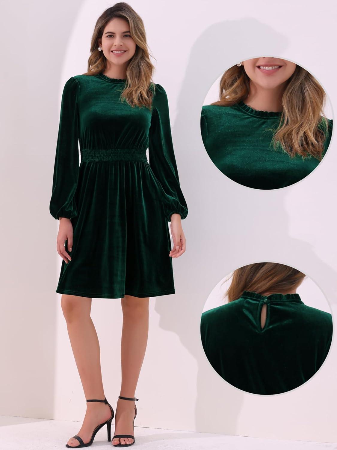 imageAllegra K Velvet Dresses for Womens Smocked Waistline Long Sleeve Wedding Guest DressGreen