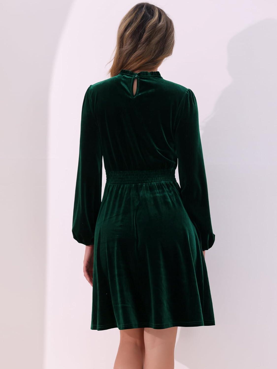 imageAllegra K Velvet Dresses for Womens Smocked Waistline Long Sleeve Wedding Guest DressGreen