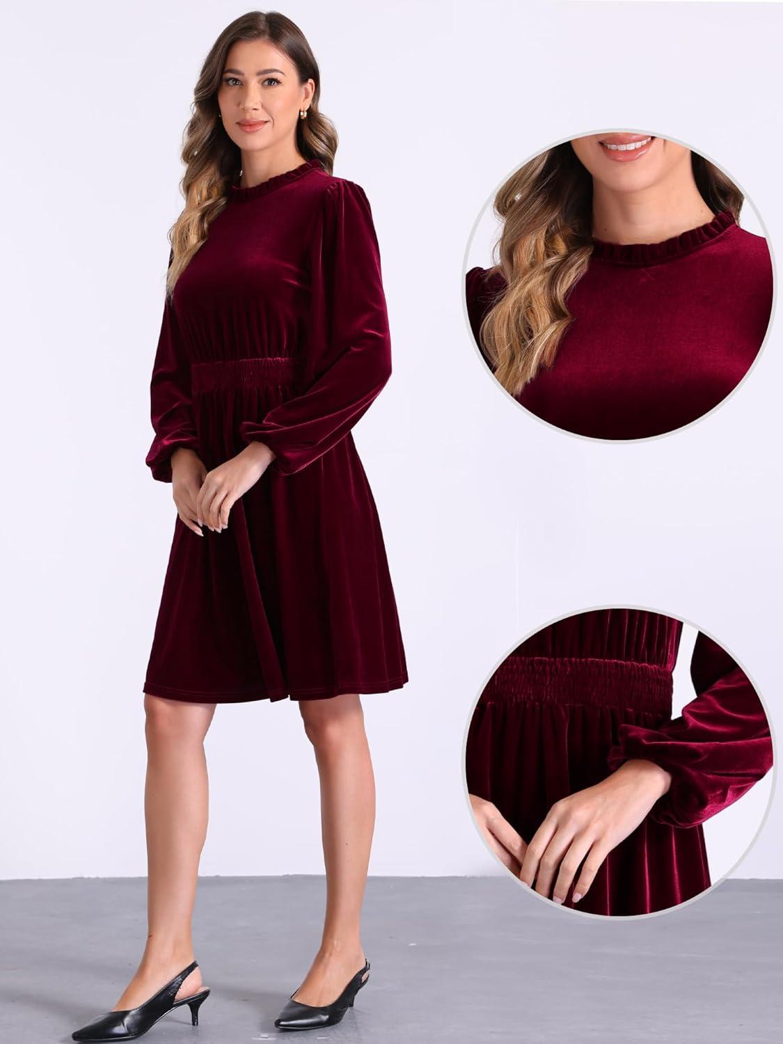 imageAllegra K Velvet Dresses for Womens Smocked Waistline Long Sleeve Wedding Guest DressRed