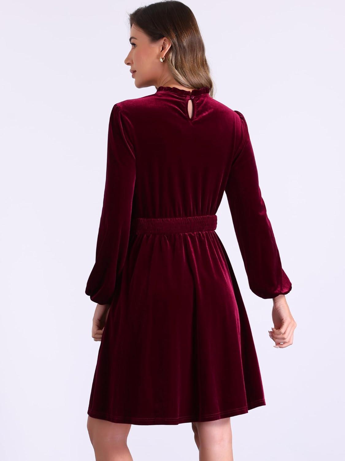 imageAllegra K Velvet Dresses for Womens Smocked Waistline Long Sleeve Wedding Guest DressRed