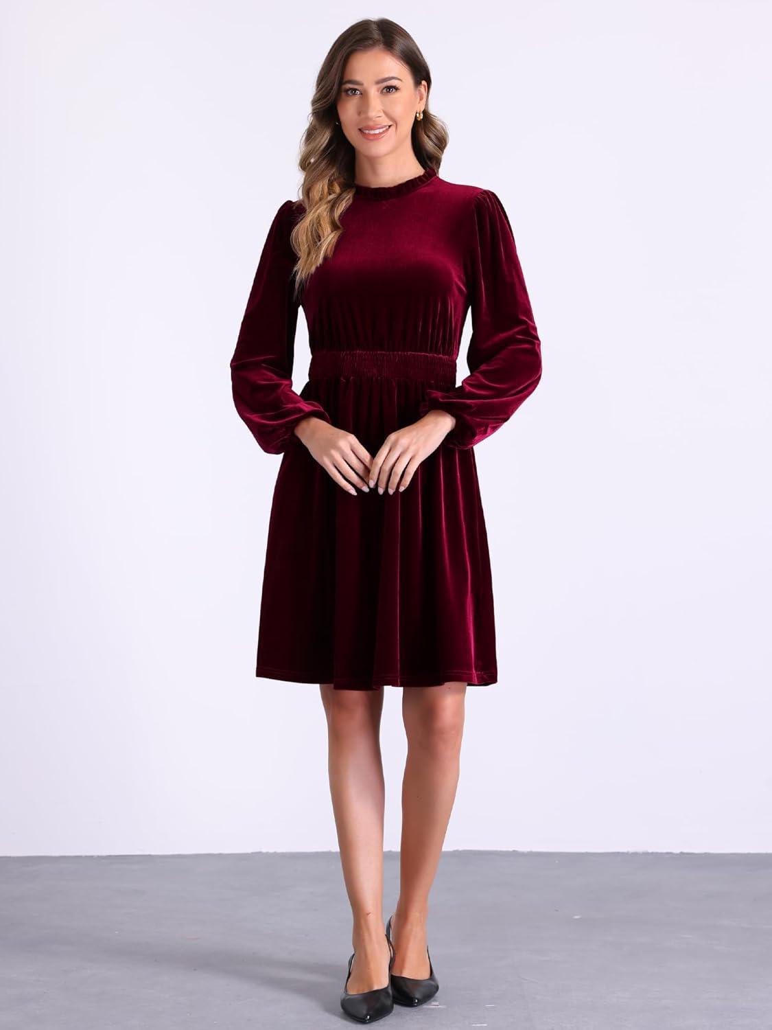 imageAllegra K Velvet Dresses for Womens Smocked Waistline Long Sleeve Wedding Guest DressRed