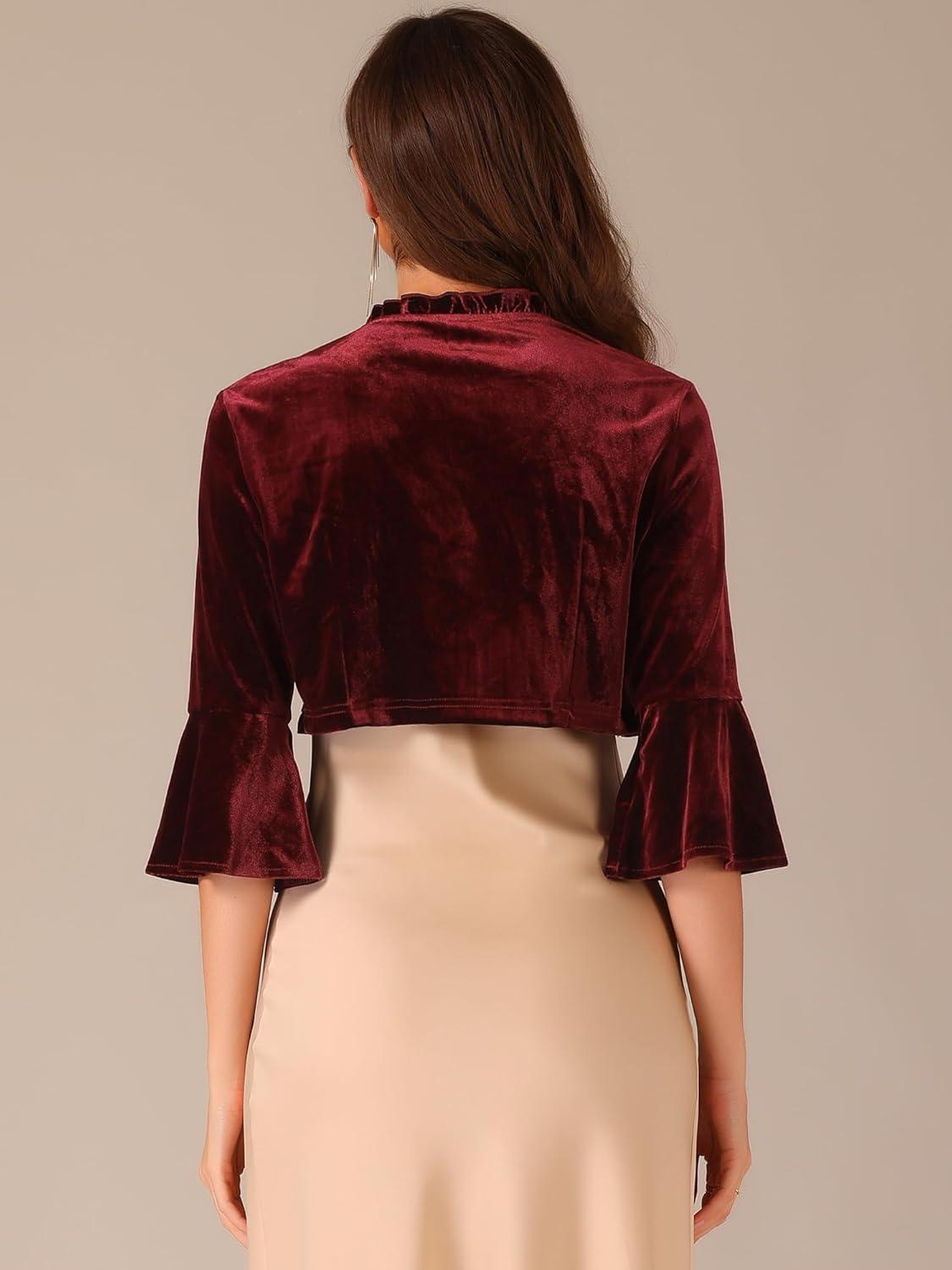 imageAllegra K Velvet Shrug Top for Womens 34 Sleeve Open Front Ruffled Cocktail Party Cropped CardiganBurgundy