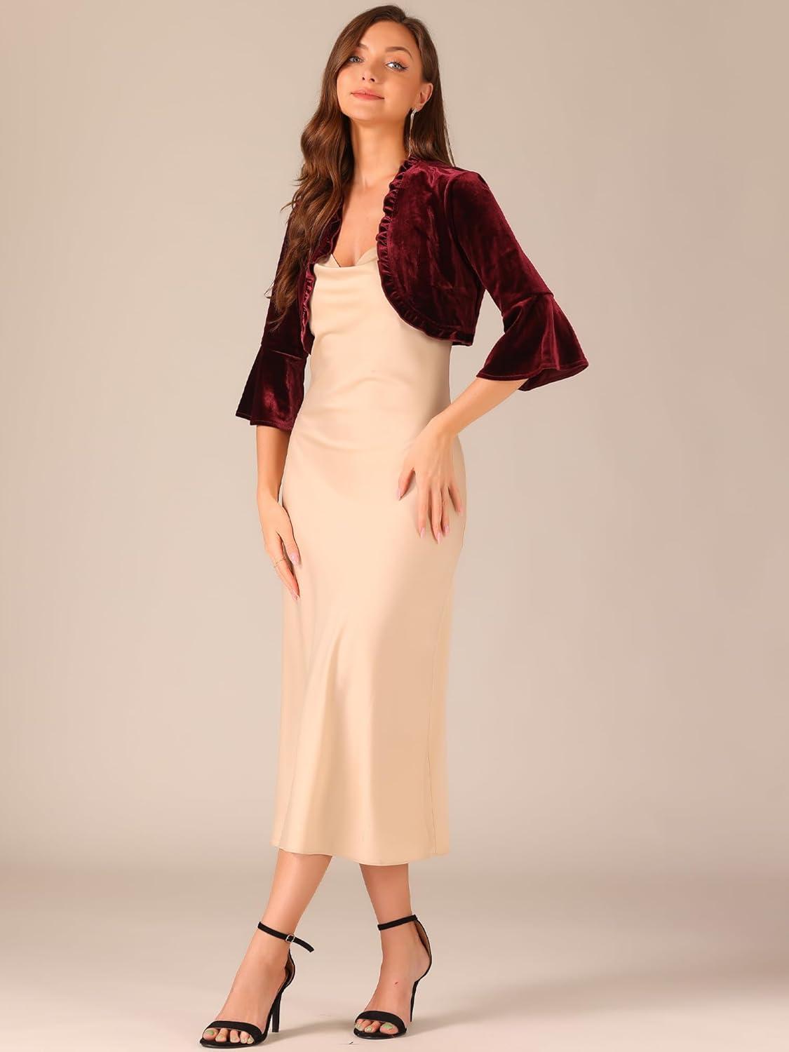 imageAllegra K Velvet Shrug Top for Womens 34 Sleeve Open Front Ruffled Cocktail Party Cropped CardiganBurgundy