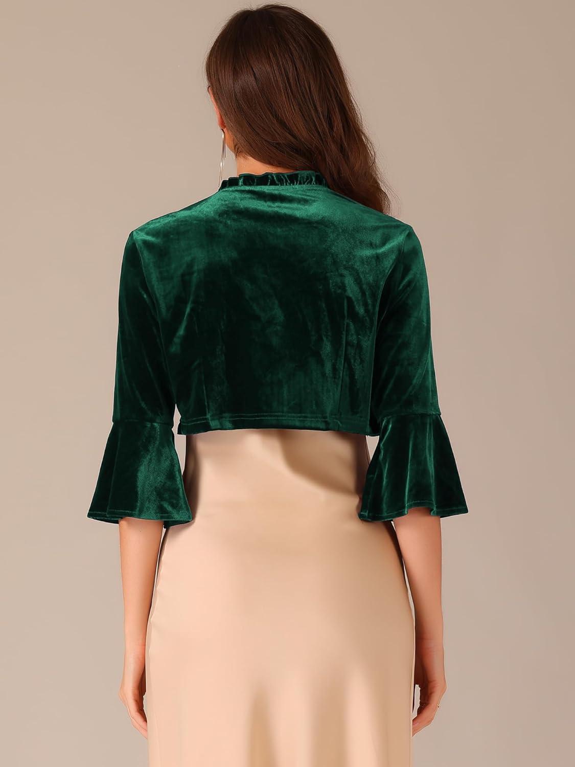 imageAllegra K Velvet Shrug Top for Womens 34 Sleeve Open Front Ruffled Cocktail Party Cropped CardiganDark Green