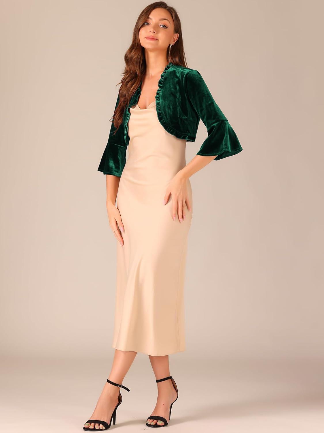 imageAllegra K Velvet Shrug Top for Womens 34 Sleeve Open Front Ruffled Cocktail Party Cropped CardiganDark Green