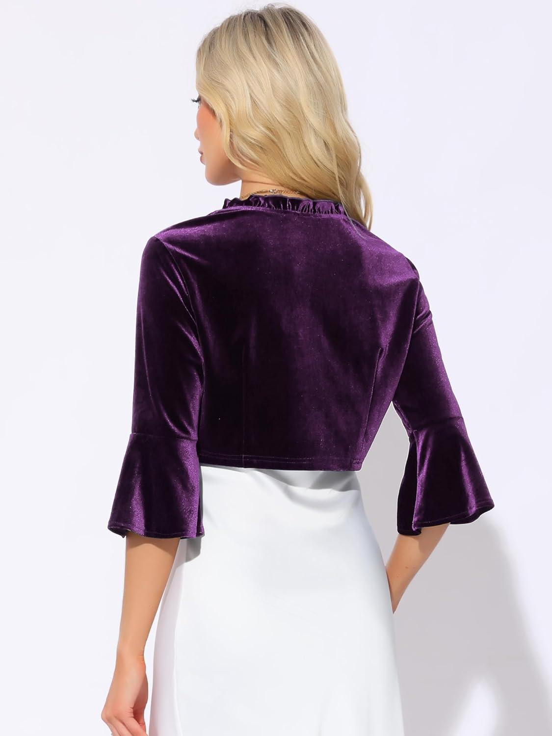 imageAllegra K Velvet Shrug Top for Womens 34 Sleeve Open Front Ruffled Cocktail Party Cropped CardiganDeep Purple