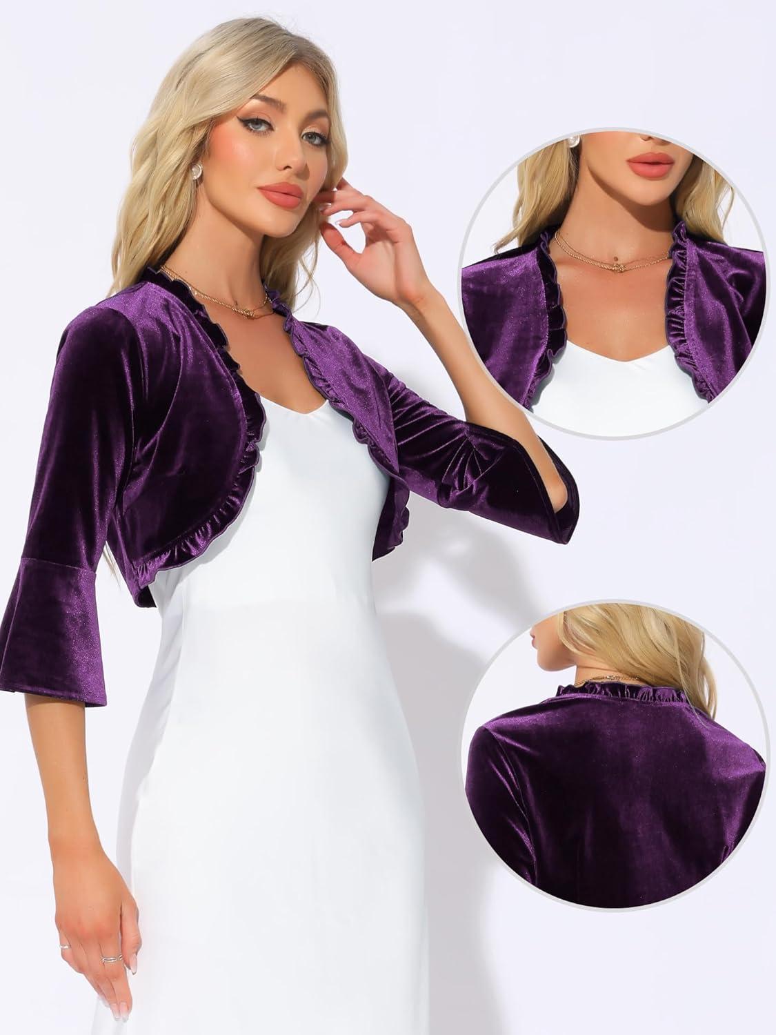 imageAllegra K Velvet Shrug Top for Womens 34 Sleeve Open Front Ruffled Cocktail Party Cropped CardiganDeep Purple