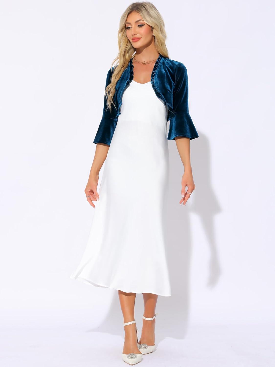 imageAllegra K Velvet Shrug Top for Womens 34 Sleeve Open Front Ruffled Cocktail Party Cropped CardiganPeacock Blue