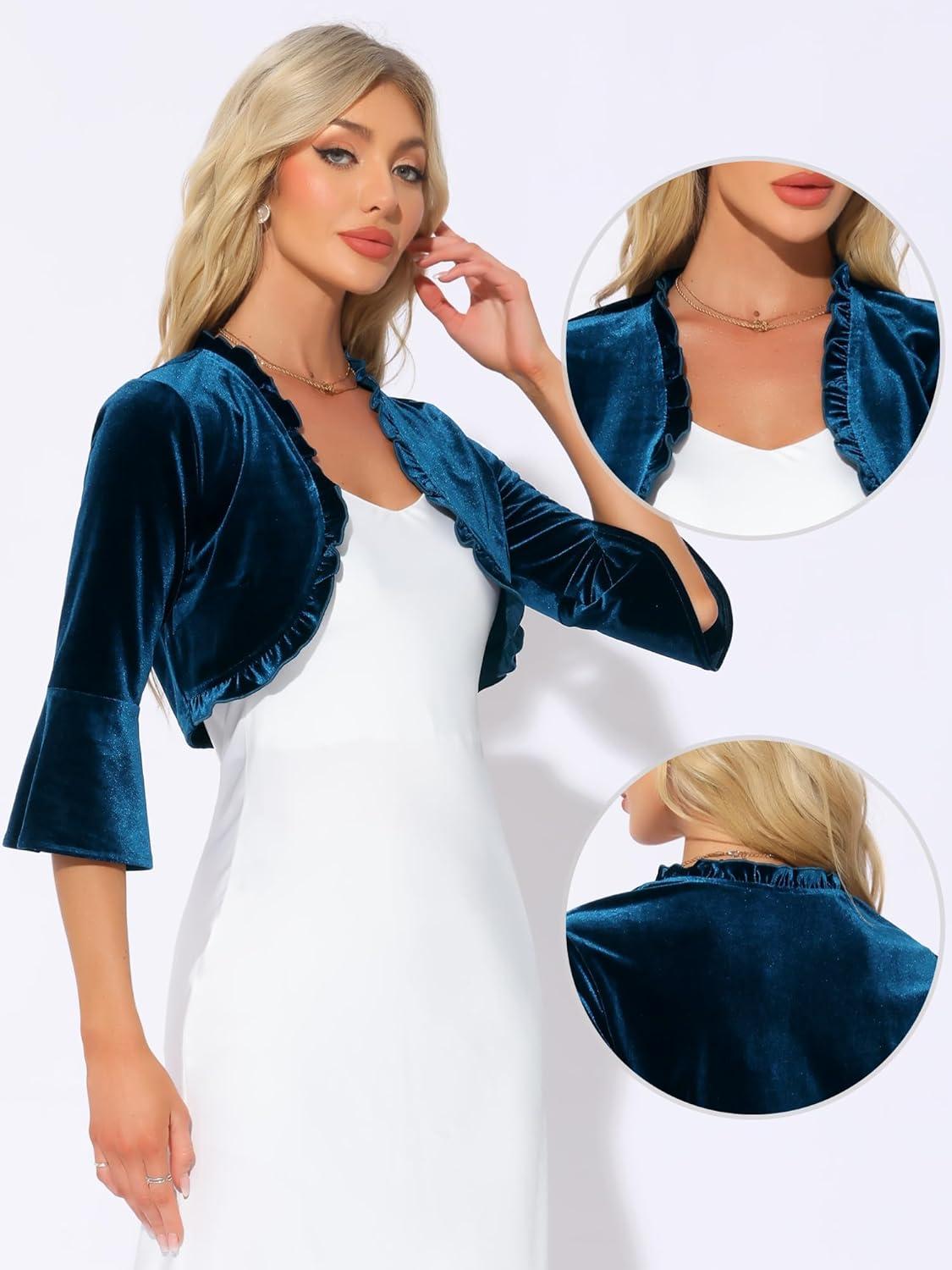 imageAllegra K Velvet Shrug Top for Womens 34 Sleeve Open Front Ruffled Cocktail Party Cropped CardiganPeacock Blue