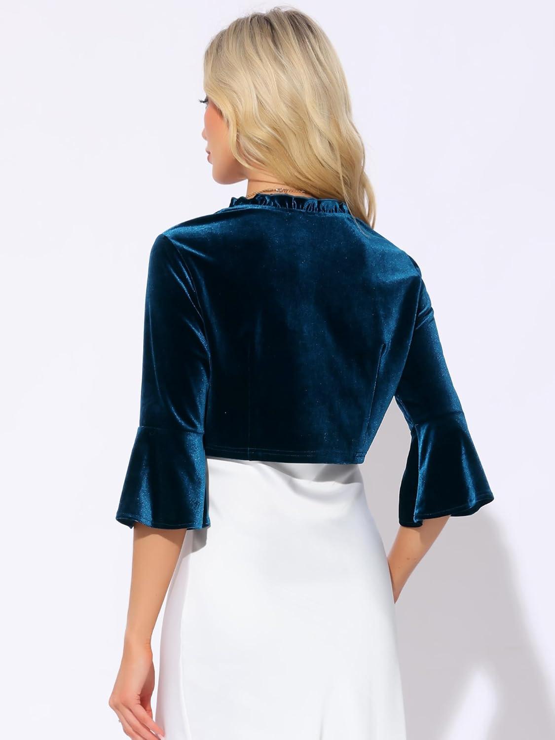 imageAllegra K Velvet Shrug Top for Womens 34 Sleeve Open Front Ruffled Cocktail Party Cropped CardiganPeacock Blue
